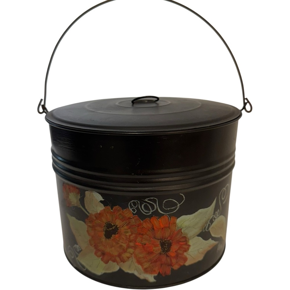 Vintage Hand Painted Toleware Tin Bucket Lidded Signed Dated 1983 Black
